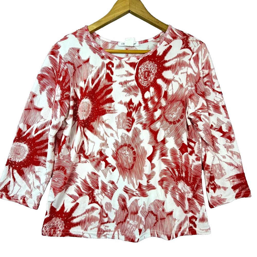 Classic Designs Blouse Top Womens XL Red White Art To Wear Sparkle Grandma Chic